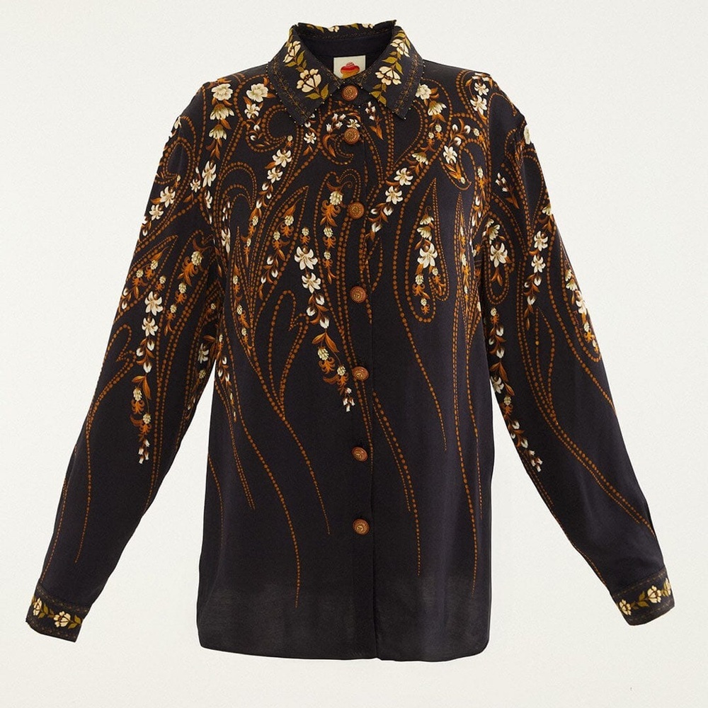 Farm Rio: Black Garden Printed Buttons Viscose Shirt - Picture 10 of 16